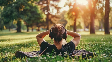 Zelfklevend Fotobehang A woman is sitting on the grass, listening to music through headphones. She appears relaxed and focused as she enjoys the music outdoors © sommersby