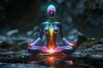 Pacifying spirituality: meditation, spiritual practice, expanded consciousness, chakra activation, astral body, mystical inspiration, and the interconnected energy of the human chakra system - obrazy, fototapety, plakaty