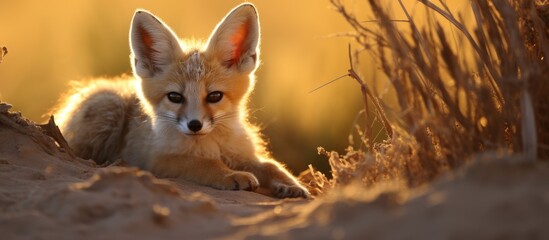 A Cape Fox cub emerges from its burrow and sits atop a sandy hill, basking in the warm sunlight. The fox looks alert, its ears perked up, as it surveys its surroundings. - obrazy, fototapety, plakaty