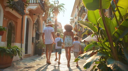 Family of four enjoying a casual walk down a quaint alley lined with traditional European...