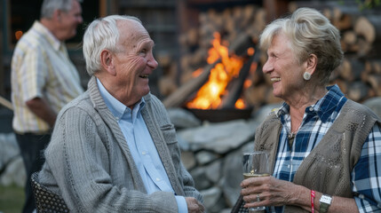 An elderly man and woman share a joyful chat and smiles, standing by a blazing fire pit during an evening gathering