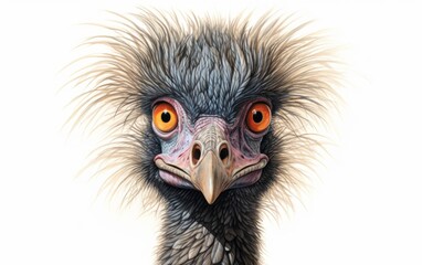 Emu staring into the camera  isolated on white background