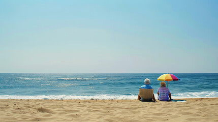 Fototapeta na wymiar Elderly couple relaxing on the sandy beach, enjoying the sun and the sea breeze