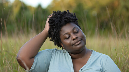 African american woman is seated in a field of tall grass, surrounded by nature and under the open sky