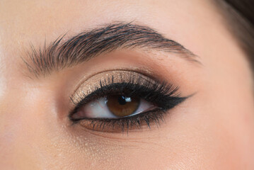 Obraz premium Eyebrow shaping. Close up of woman getting eyebrow make-up. Macro of combing eyebrows. Perfect shape of eyebrow, brown eyeshadows and long eyelashes. Shape eyebrows.