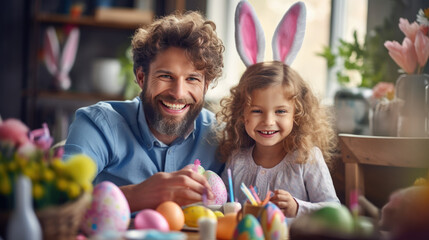 Fototapeta na wymiar Portrait of a man and a young child with bunny ears, smiling and engaging in Easter festivities, likely painting Easter eggs
