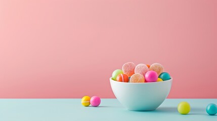 Colorful candies in a bowl pastel color background