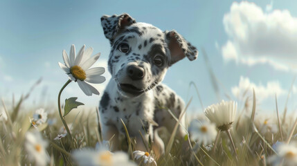 Dog Stands in Field of Daisies