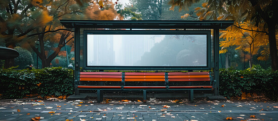 A bench in a park positioned in front of a large screen, possibly for advertising - obrazy, fototapety, plakaty