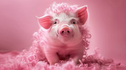 Pink Pig With Curly Hair on Pink Background