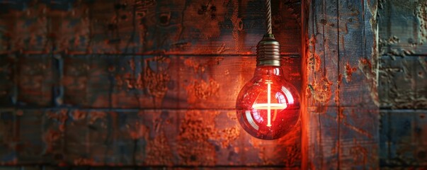 Glowing Light Bulb With a Cross Inside Hanging From Brick Wall