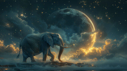 Elephant Walking Under a Celestial Moon