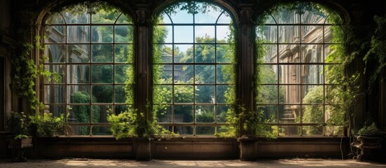 The image shows a large vintage window with ivy vines creeping up its frame. The green ivy contrasts against the windows aged wood, creating a rustic and charming scene. - obrazy, fototapety, plakaty