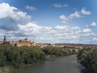 The tower of the Mezquita-Catedral, mosque cathedral and the Alcazar in Cordoba during summer