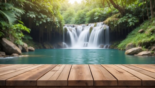 Empty Wooden Table Background Blurred Waterfall, Wooden Table, Product Copy Space © varol