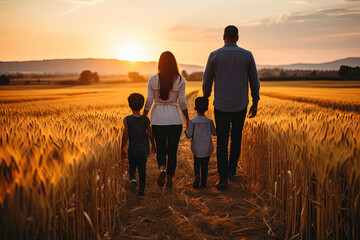 A family consisting of parents and children walking through a wheat field as the sun sets in the background - obrazy, fototapety, plakaty