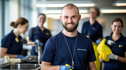 Fototapeta na wymiar Smiling man in a cleaning service uniform with colleagues in the background, indicating a professional cleaning team at work.
