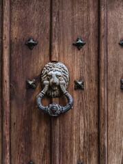 A lion head style vintage old door knocker on a wooden door