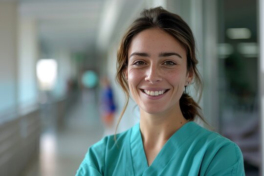 A woman in a green scrubs is smiling and posing for a picture. She is wearing a green shirt and a green skirt. Concept of International Day of Midwives International Nurses Day