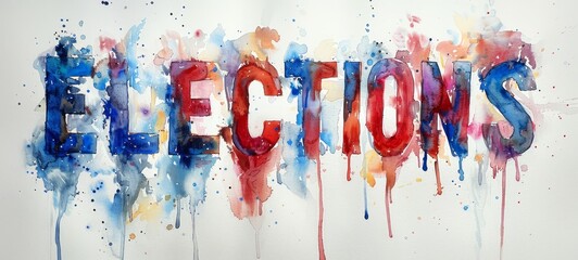 Bright watercolor painting spelling ELECTIONS with splashes on light background. Concept of election campaign, political art, voting, call to action, creative advocacy, electoral engagement. Banner