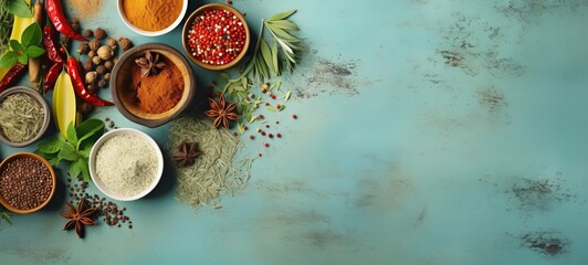 Fototapeta na wymiar Assortment of colorful spices, seasonings and herbs in bowls on textured blue background. Top view. Wide banner with copy space. Concept of cooking, culinary arts, seasoning, and gourmet ingredients.