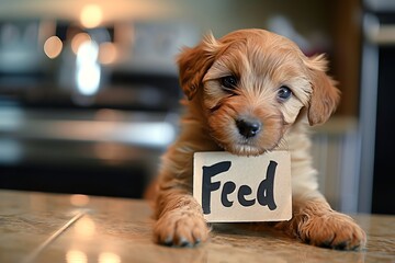 Cute hungry puppy with pleading eyes holding a "Feed Me" cardboard sign in the kitchen. Concept of pet care, animal feeding, funny dogs, and humorous pet expressions.