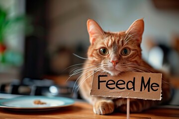 Adorable hungry ginger cat with large, pleading eyes holding a "Feed Me" cardboard sign in the kitchen. Concept of pet care, animal feeding, funny kittens, and humorous pet expressions.
