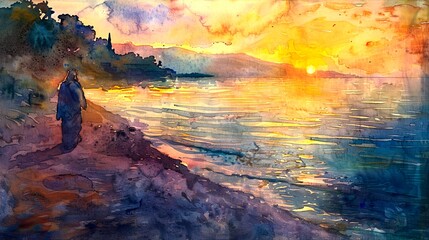 Watercolor painting of Jesus Christ walking along the shores of the Sea of Galilee at dawn. Concept of faith, spirituality, Easter, divinity, Christian beliefs, resurrection, religious. Art.