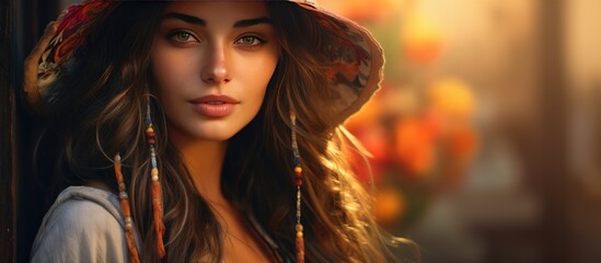 Naklejka premium A stylish boho girl with a youthful appearance is depicted in the image. She has long hair and is wearing a hat, adding to her fashionable look.