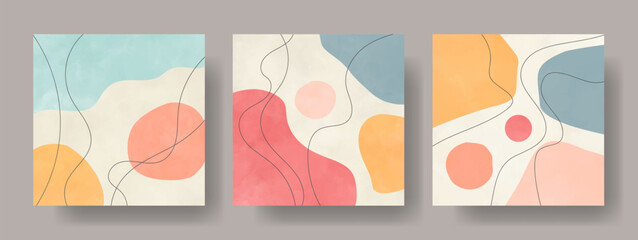 Set of abstract posters with hand drawn watercolor shapes and lines. Modern pastel color vector illustrations for design interior. Contemporary background with isolated shapes and watercolor texture.