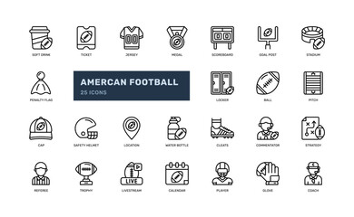 american football gridiron rugby sport competition detailed outline line icon set