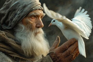 Poignant portrait biblical figure Noah stands hopeful anticipation, eyes fixed on horizon. Patiently waiting improved weather, he yearns for return of dove, embodying Christian faith and resilience