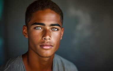 A young man with a green eye stares at the camera. Concept of confidence and self-assurance - obrazy, fototapety, plakaty