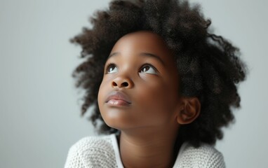 A young black girl with curly hair is looking up at the sky. Concept of curiosity and wonder, as the girl gazes up at the vast expanse above her