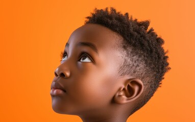 A young boy with short hair and a black nose is looking up at the camera. The boy's face is the main focus of the image, and the orange background adds a warm and inviting atmosphere - Powered by Adobe