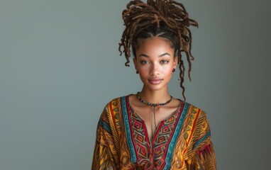 A woman with dreadlocks and a colorful dress is posing for a photo. The dress has a pattern of flowers and leaves, and the woman's hair is styled in a bun. She has a necklace and earrings