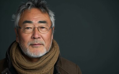 A man with glasses and a scarf around his neck. He has a serious look on his face