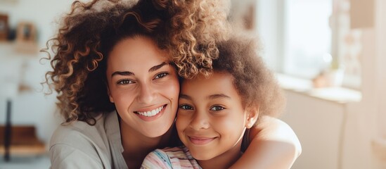 A mother and her daughter, part of a happy multiethnic lesbian couple, embrace each other affectionately in the cozy living room of their home.