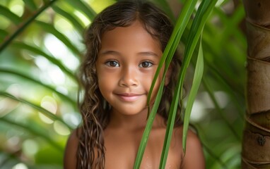 A young girl with long hair is standing in a jungle with leaves around her. She is smiling and looking at the camera