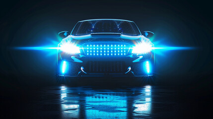 Automotive light, glow transport led spotlight. Glowing white, blue headlight on a transparent dark background. Generative AI