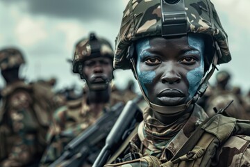 A woman in a military uniform with blue face paint stands in front of a group of soldiers. Concept of International Day of United Nations Peacekeepers - obrazy, fototapety, plakaty