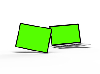 3d render of laptop and tablet with green screen on a light background