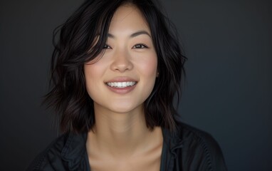 A woman with short hair and a black shirt is smiling. She has a light skin tone and is wearing a black shirt