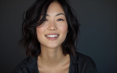 Fototapeta premium A woman with short hair and a black shirt is smiling. She has a light skin tone and is wearing a black shirt