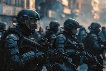 A group of soldiers are standing in a line, all wearing black helmets and masks. Concept of International Day of United Nations Peacekeepers