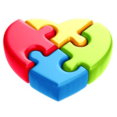 Colorful Puzzle Heart 3D Render for Autism Awareness Campaign, April Blue, Transparent Background