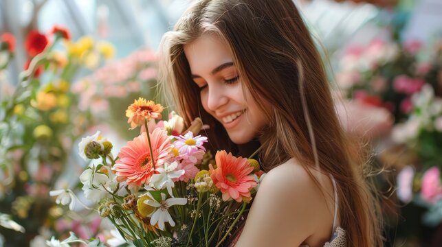 A happy girl or woman holding a bouquet of beautiful fresh flowers