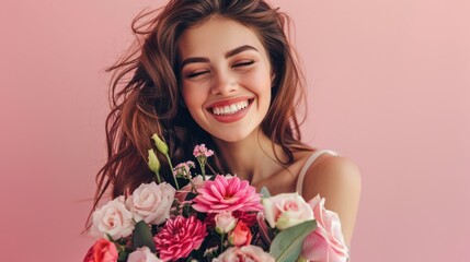 A smiling girl or woman clutching a bouquet of beautiful, fragrant flowers.