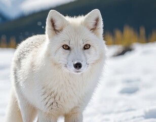 Fototapeta premium A close-up of a beautiful polar fox (Alopex lagopus), a snow queen, is a canid mammal that inhabits the icy arctic lands