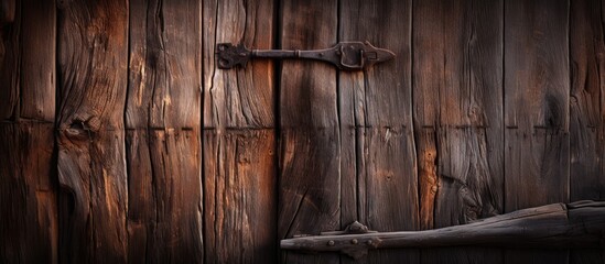 A close-up view of a wooden wall with a sturdy metal handle attached to it. The handle is in the middle of the wall, suggesting functionality and accessibility.